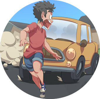 A man looking scared running away from a car