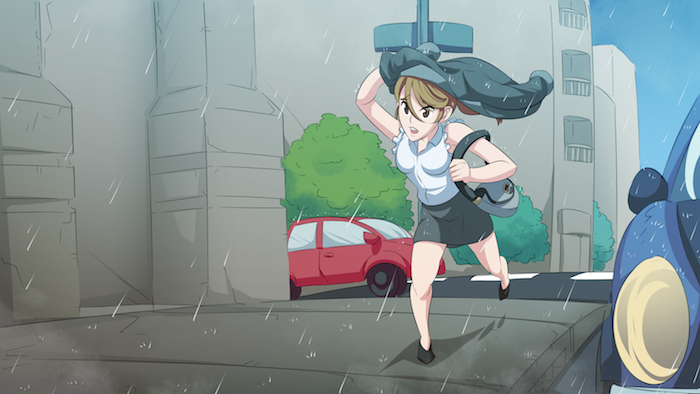 A woman running in the city trying to get out of the rain.