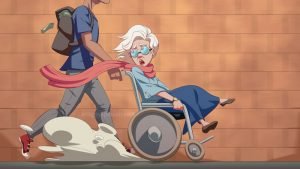 Drawing of a young man pushing a woman in a wheelchair for free online beginner Spanish short story