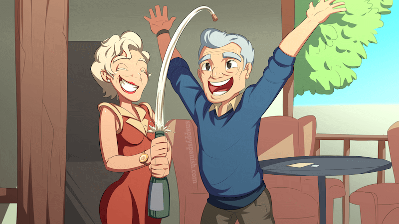 An older couple celebrating their win with a bottle of champagne